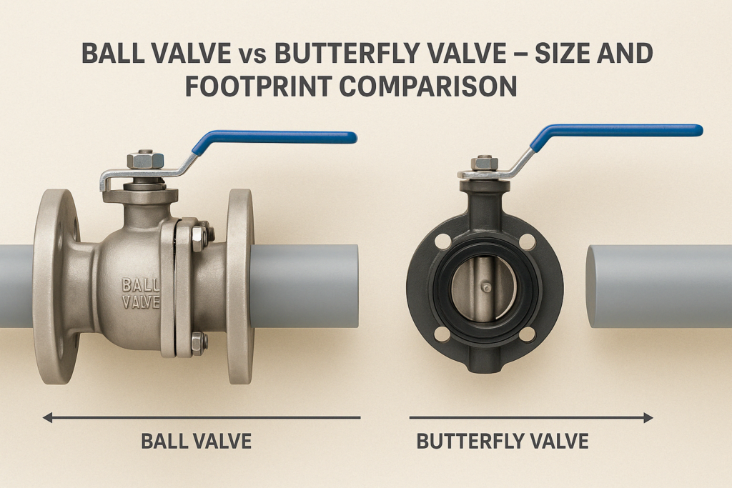  Illustration showing butterfly valve’s compact form factor vs larger ball valve in same pipe size 