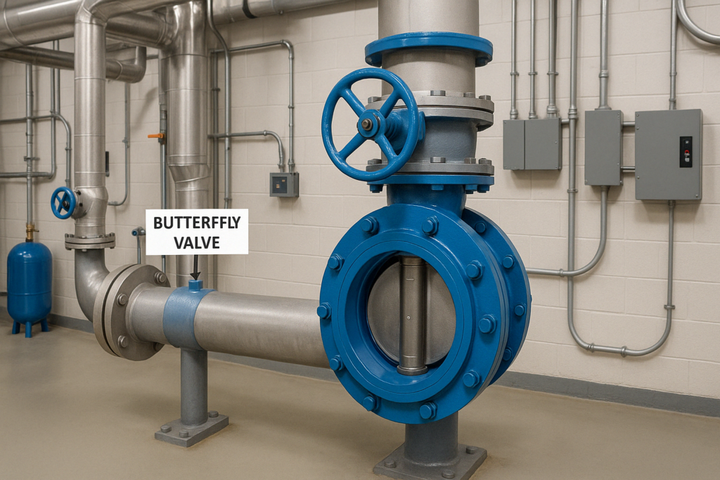 Butterfly valve controlling flow in water-based, large-diameter low-pressure system 