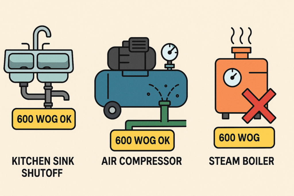 Graphic of different real-world systems showing where 600 WOG valves can or cannot be used 