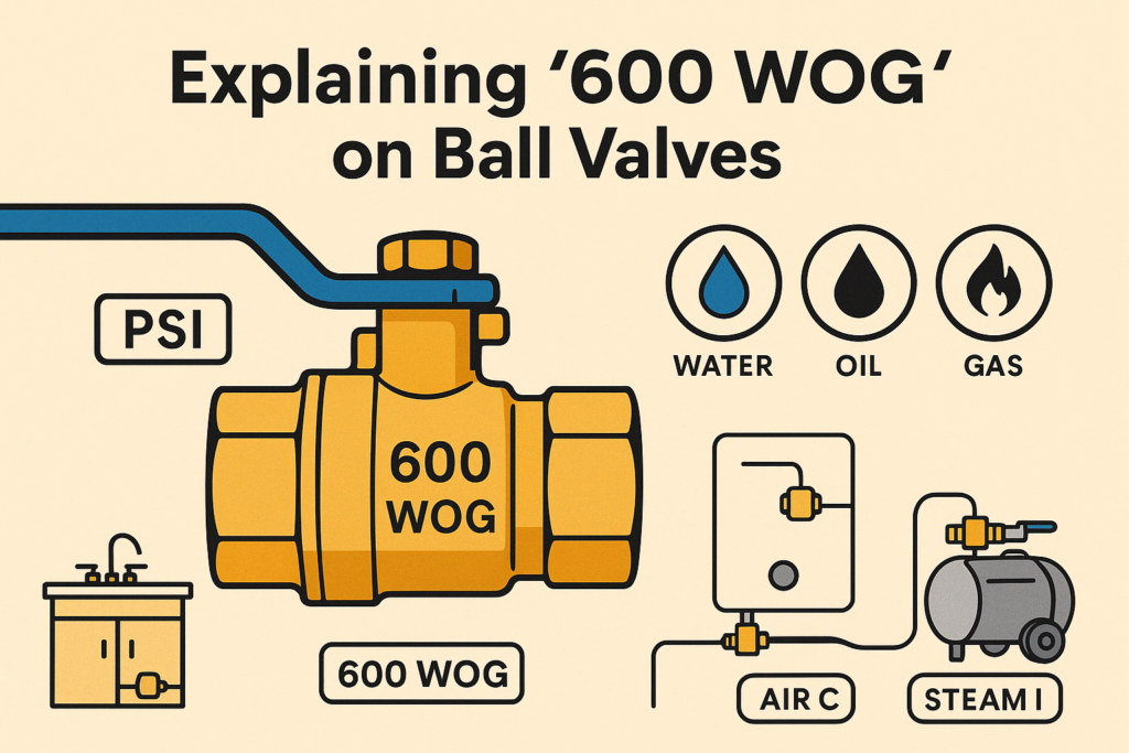 Illustration of ball valve labeled with 600 WOG, showing media icons and usage examples