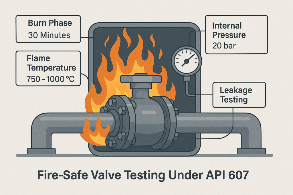 Diagram of a valve undergoing high-temperature fire testing according to API 607