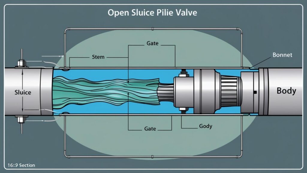 Cross-section diagram showing the internal structure and working of a sluice valve in an open position 