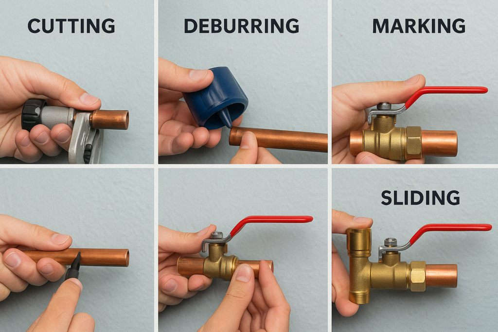 Diagram of each step to install a slip ball valve on copper or PEX pipe 