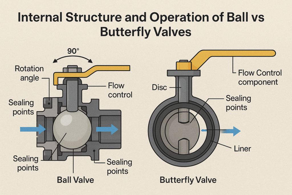 Visual comparison of ball and butterfly valves showing ball rotation and butterfly disc position in open and closed states 