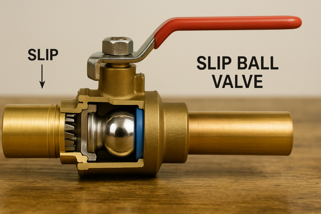 Diagram of slip ball valve showing how it connects to pipe without threading 