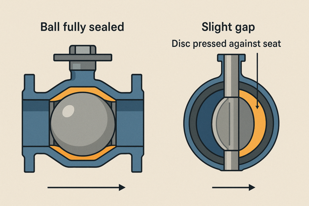  Comparison of sealing surfaces in ball and butterfly valves, showing contact method and potential leakage points 