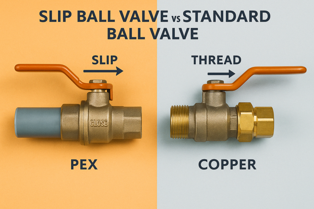 Diagram comparing the structure and installation method of slip and threaded ball valves