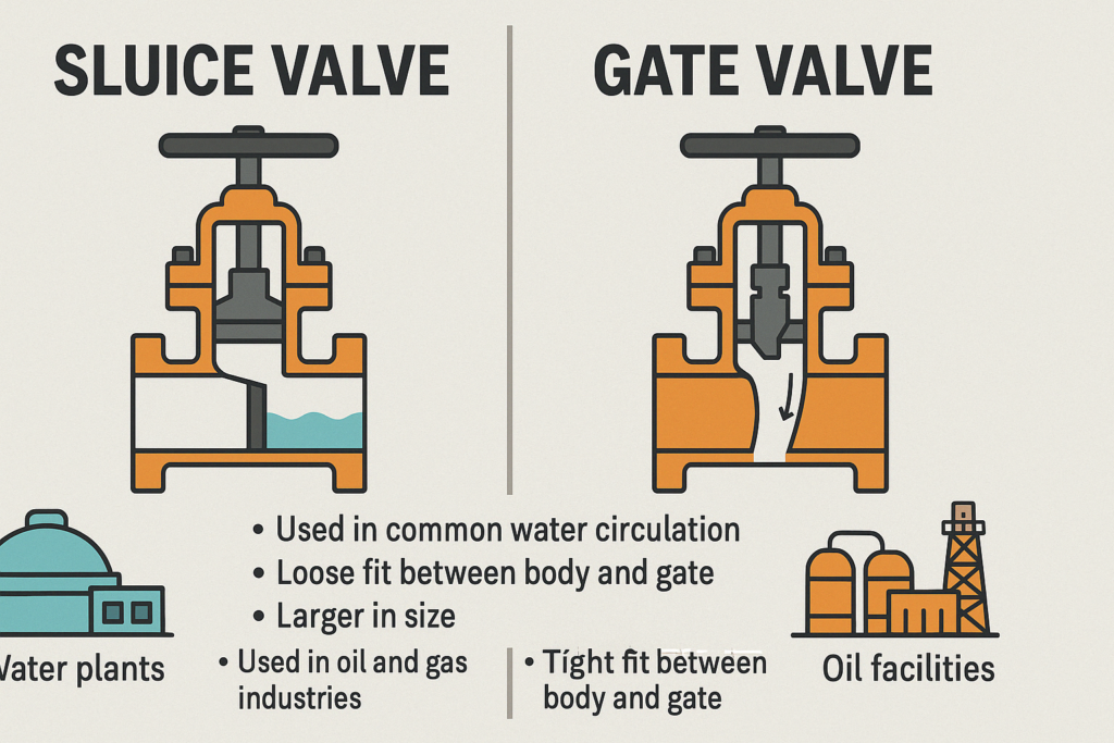 Side-by-side infographic comparing structure and application of sluice and gate valves 