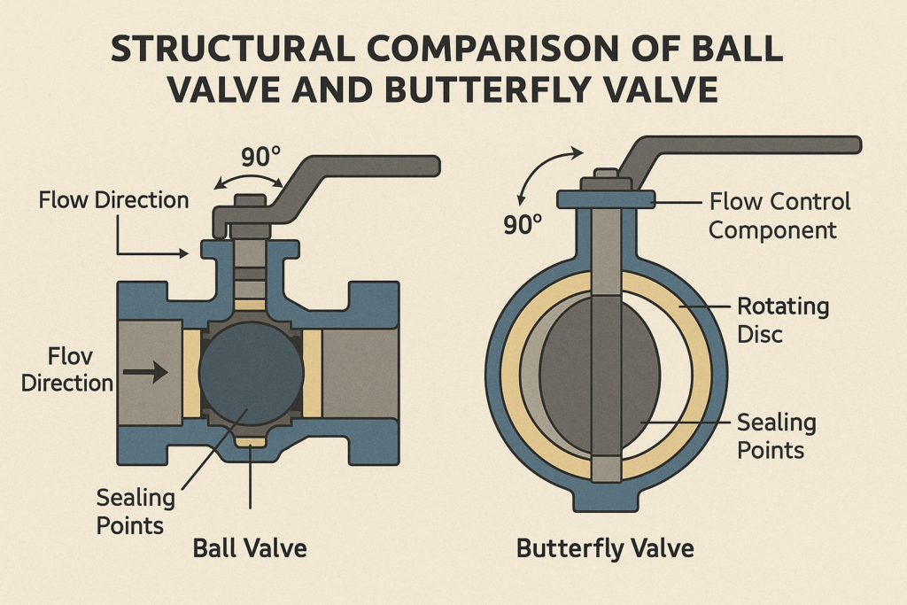 Side-by-side cross-section of ball valve and butterfly valve showing internal mechanisms and flow control components
