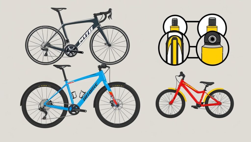 Visual diagram showing which bikes use Presta vs Schrader valves 
