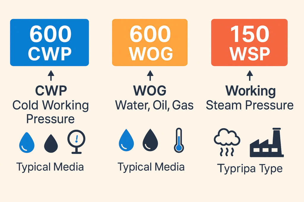 Visual comparison of CWP, WOG, and WSP valve markings with temperature and media use icons 