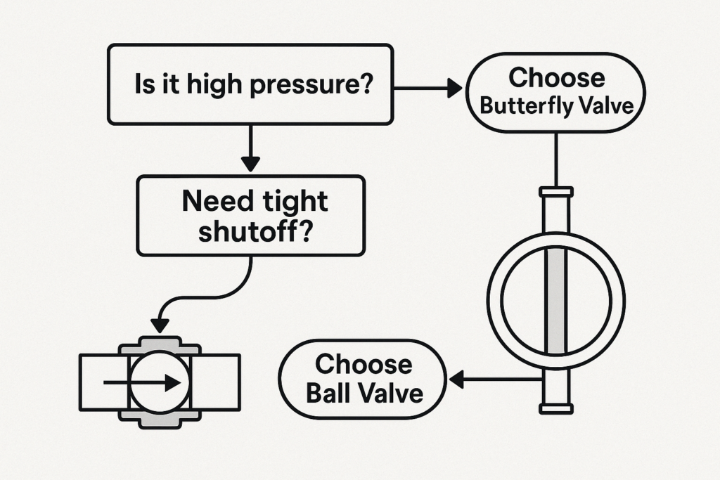 Flowchart comparing conditions for choosing ball vs butterfly valve based on pressure, sealing, and application 