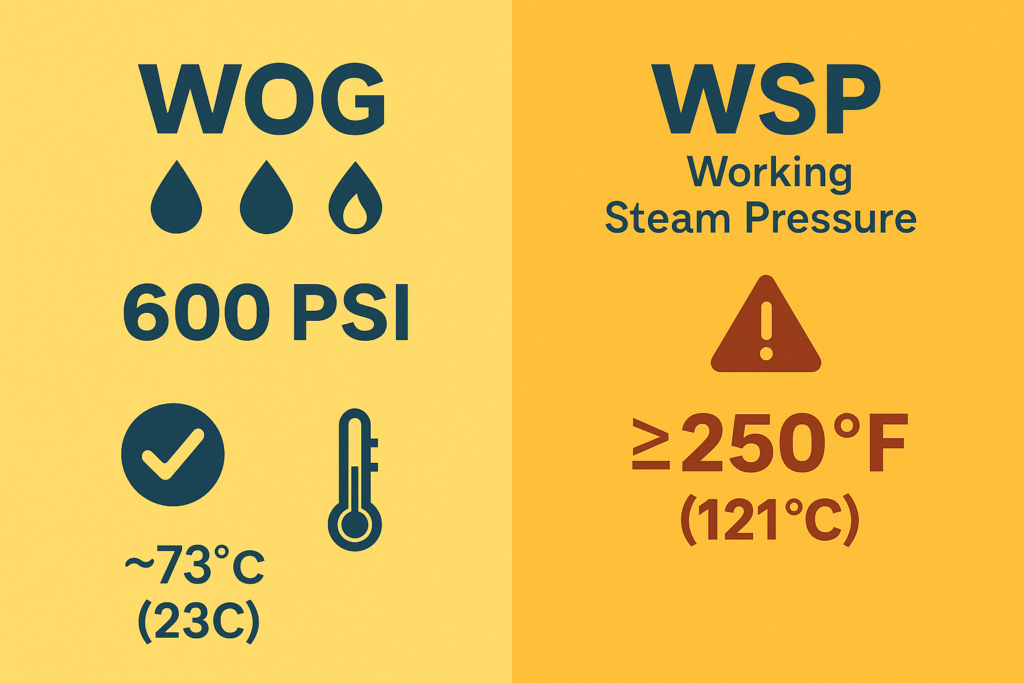 Graphic showing the difference between WOG and WSP valve ratings, including media type and safe conditions 