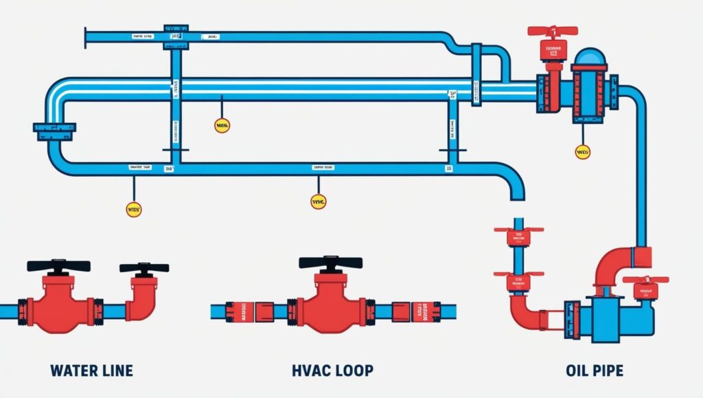 Diagram showing ball valve applications in water, HVAC, gas, chemical, and food processing systems