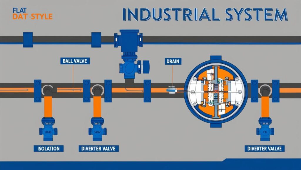 Illustrated diagram showing common ball valve functions and positions in process systems