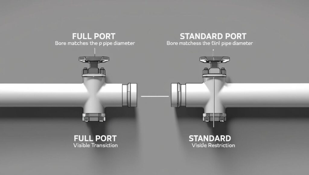 Top-down diagram comparing bore size in full port and standard port valves 