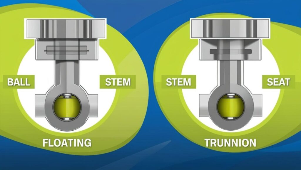 Diagrams showing structural differences between floating and trunnion ball valve types 