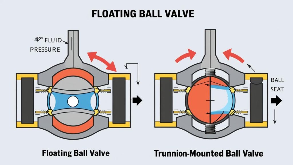 Diagram comparing floating and trunnion ball valves with ball movement and pressure directions marked