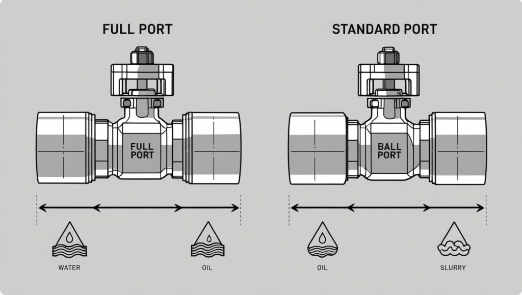 Side-by-side diagram comparing full port and standard port valve bore diameters and flow paths