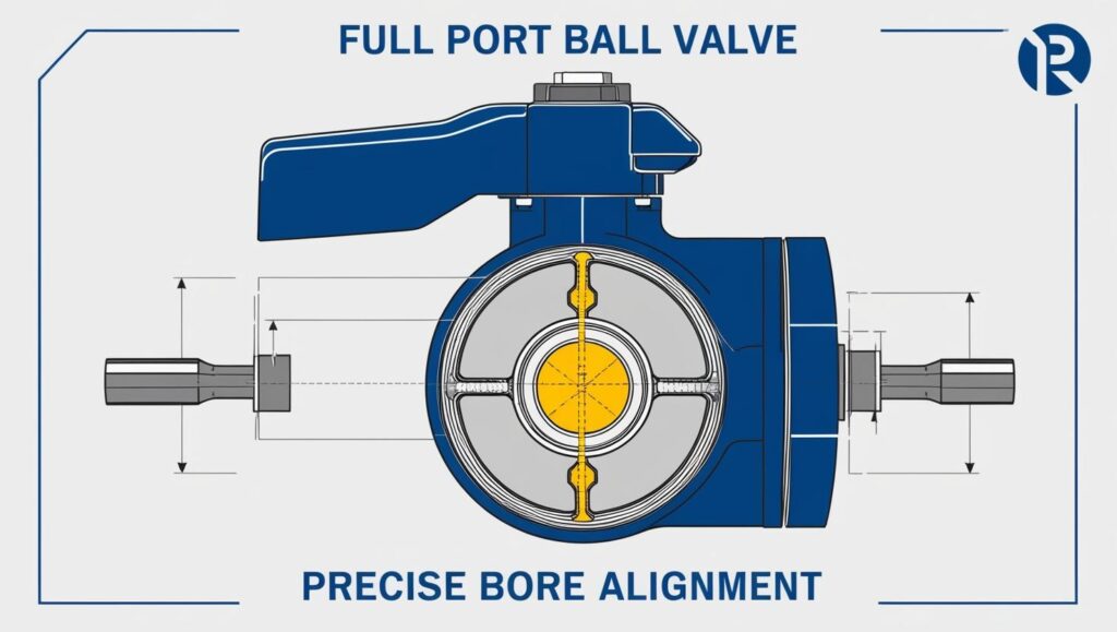 Cutaway view showing full port valve bore equal to pipe diameter 