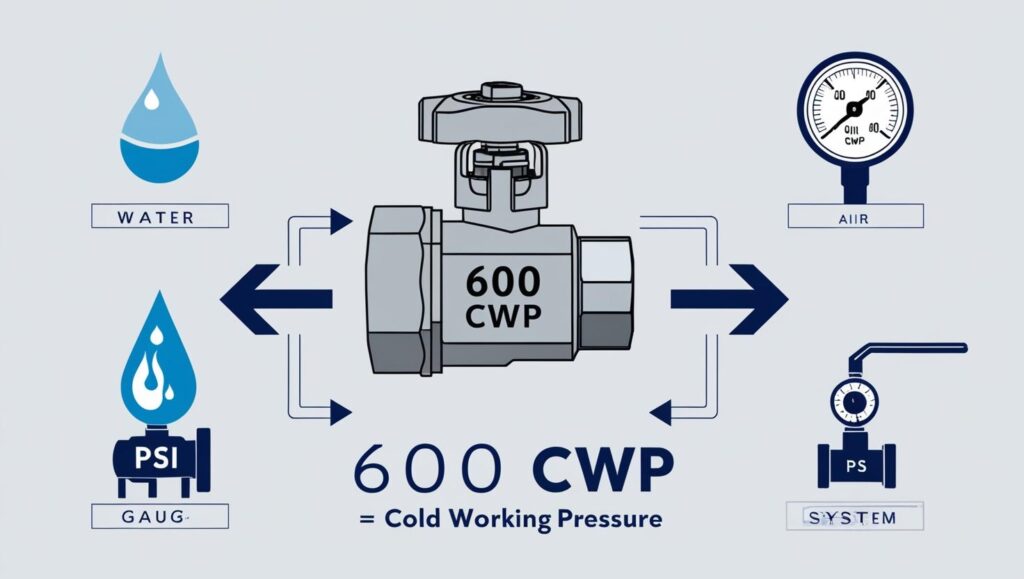 Illustration of a ball valve body marked with 600 CWP, with pressure and media indicators