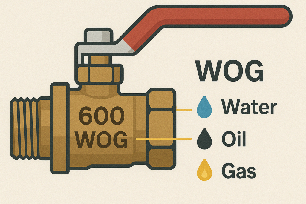 Illustration of 600 WOG label on a valve with fluid type icons and pressure indication