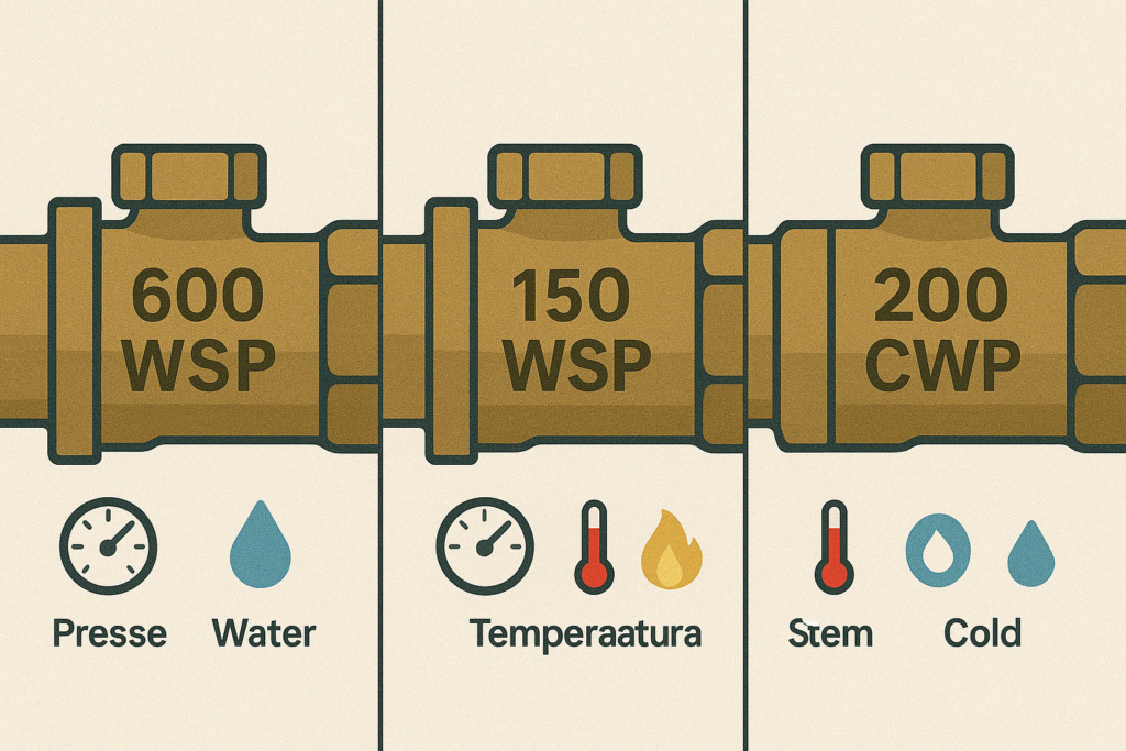 Diagram showing difference between WOG, WSP, and CWP ratings on valves with usage indicators 