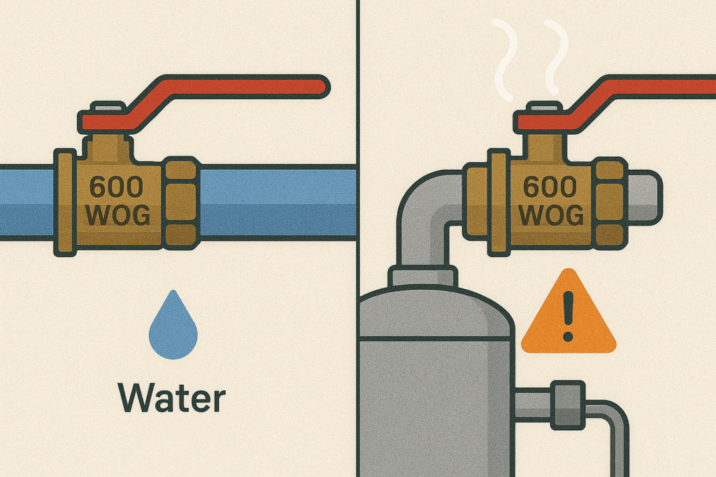 Comparison showing proper and improper WOG valve use, with visual alert on steam system 