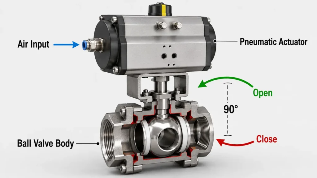 Diagram of an air actuated ball valve with pneumatic actuator and valve body