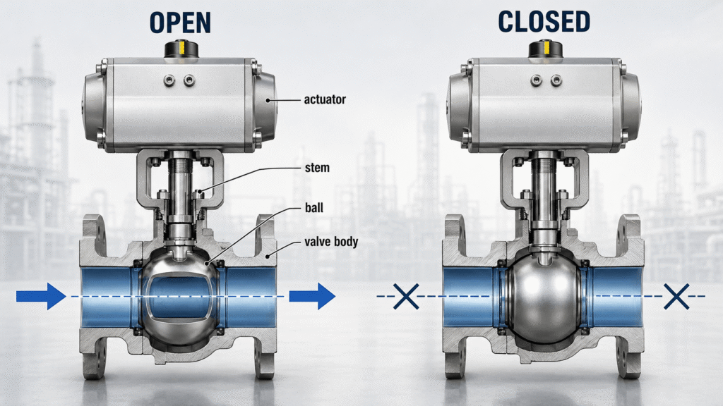 Diagram showing a ball valve actuator turning a valve stem to open or close a ball valve.