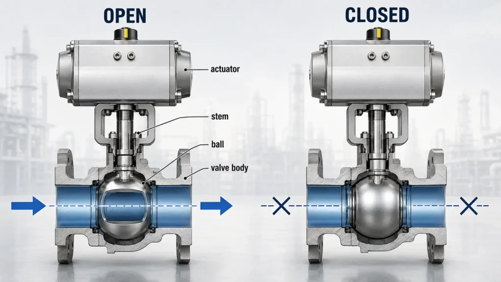 Diagram showing a ball valve actuator turning a valve stem to open or close a ball valve.