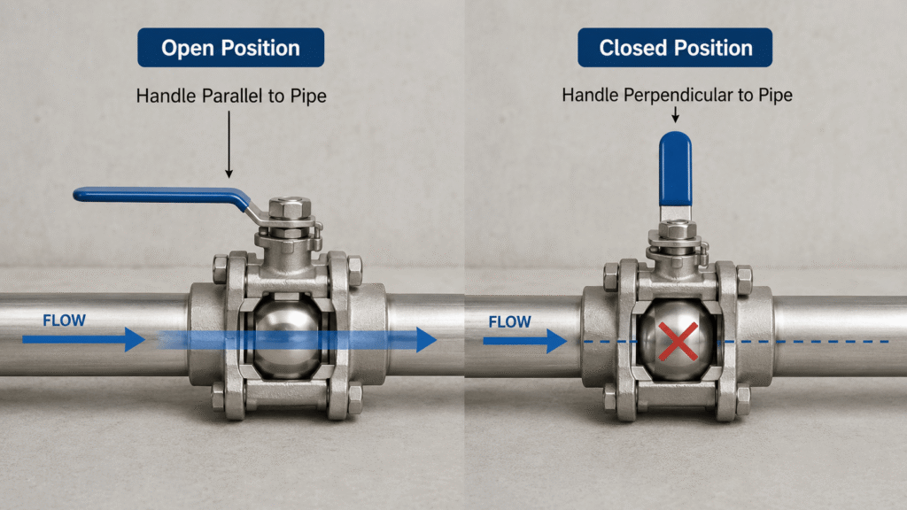 Diagram showing ball valve handle parallel to pipe as open and perpendicular as closed