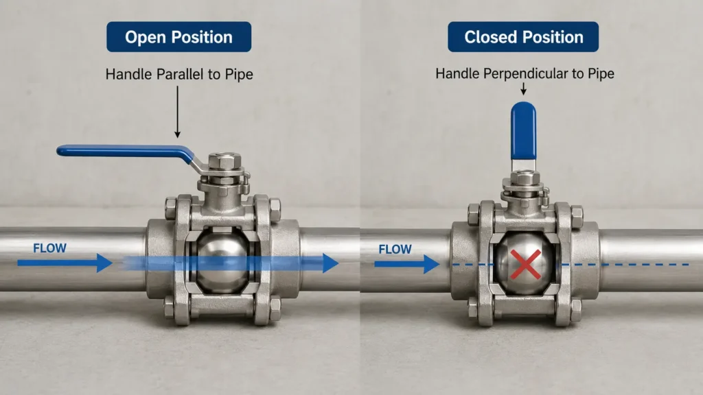 Diagram showing ball valve handle parallel to pipe as open and perpendicular as closed