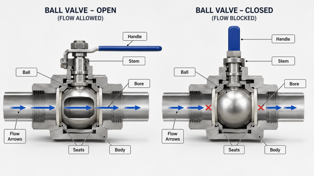 Diagram showing a ball valve bore aligned with the pipe when open and perpendicular when closed