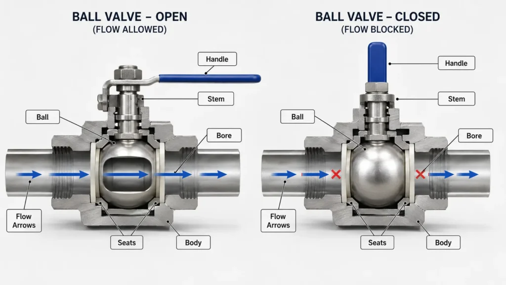 Diagram showing a ball valve bore aligned with the pipe when open and perpendicular when closed