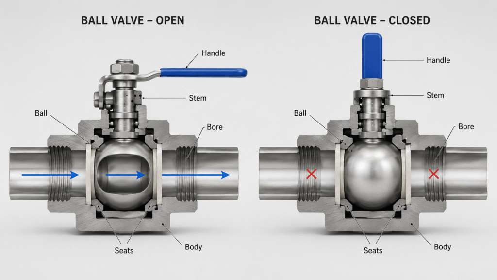Labeled cutaway of a ball valve showing ball, bore, stem, seats, seals, body, and actuator