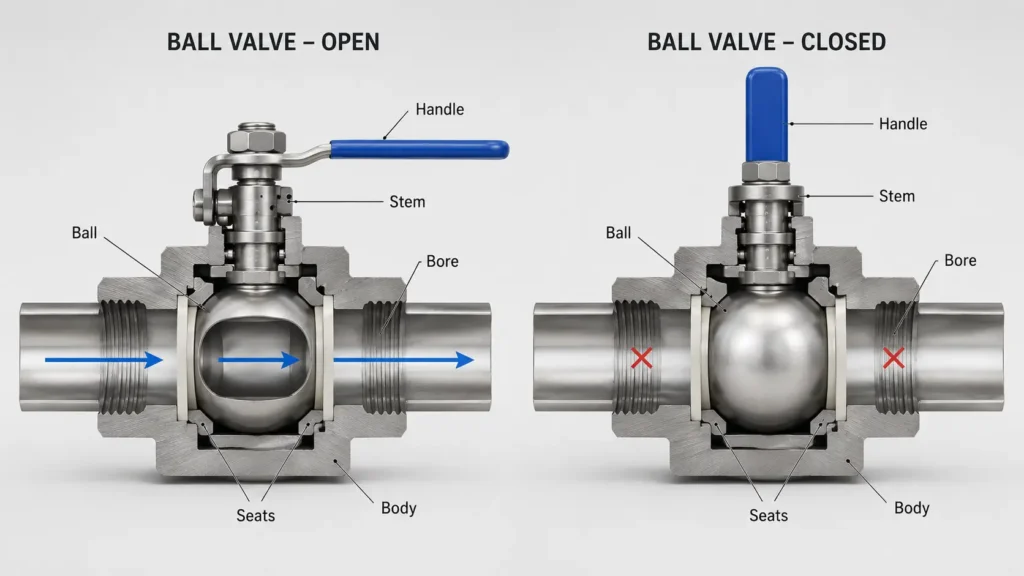 Labeled cutaway of a ball valve showing ball, bore, stem, seats, seals, body, and actuator