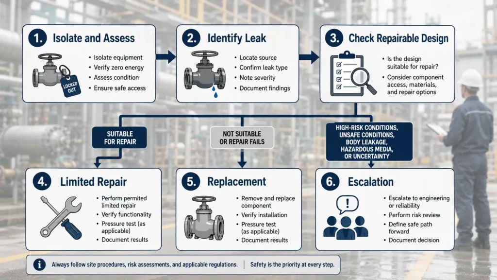 Flowchart showing repair, replacement, or escalation decision for a faulty ball valve.