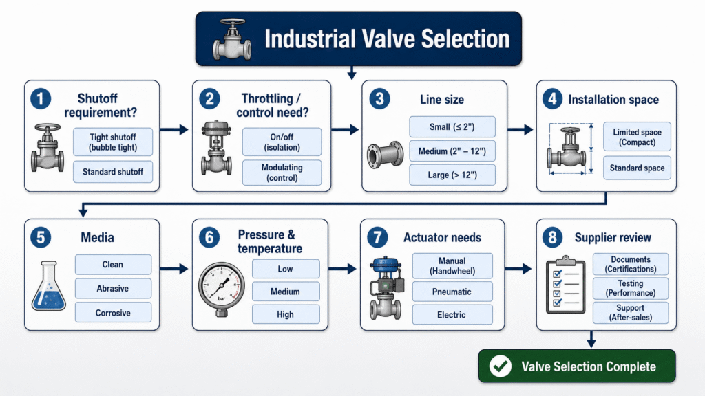 Decision tree showing when to consider a ball valve, when to consider a butterfly valve, and when to ask a supplier for review