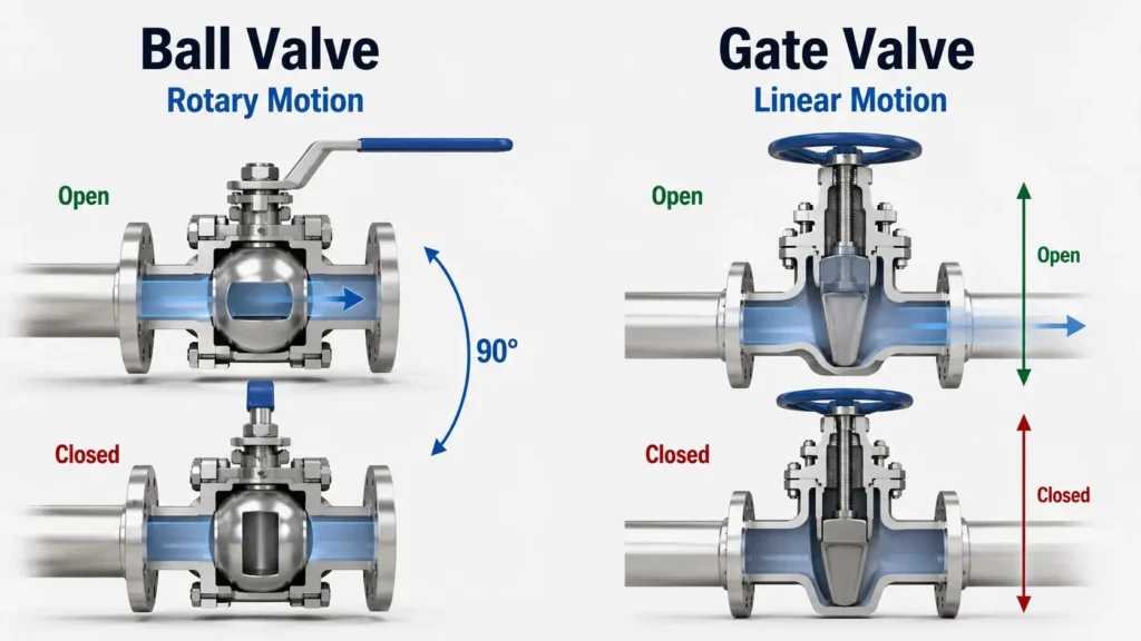 Diagram comparing a quarter-turn ball valve mechanism with a multi-turn gate valve mechanism