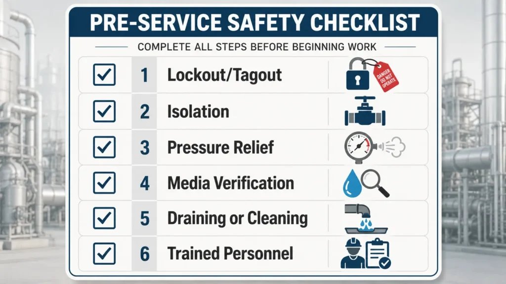 Safety checklist for industrial ball valve inspection including isolation, pressure relief, media check, and site procedure.