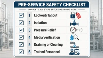 Safety checklist for industrial ball valve inspection including isolation, pressure relief, media check, and site procedure.