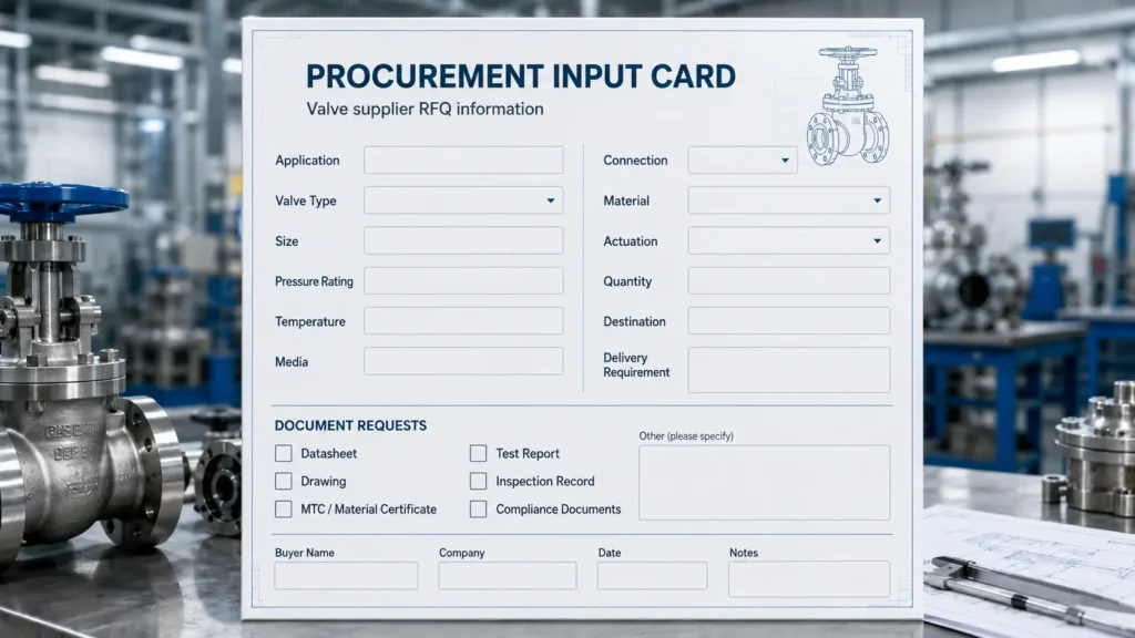 RFQ preparation card showing key details to send to a valve manufacturer.