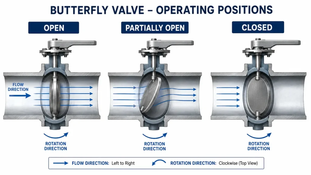 Diagram showing a butterfly valve disc rotating between open and closed flow positions