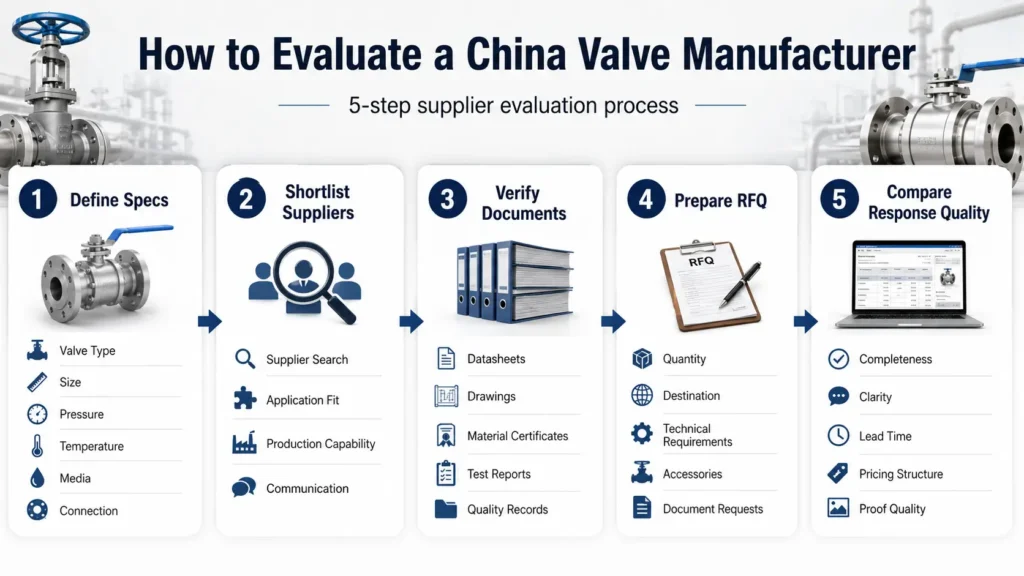 Workflow diagram showing steps to evaluate a China valve manufacturer before RFQ.