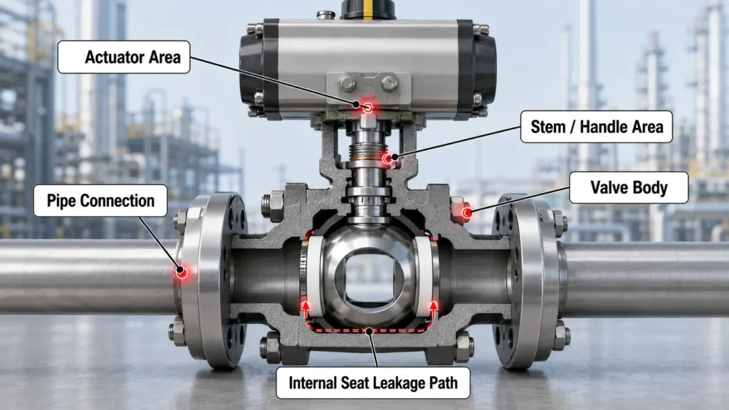 Diagram of ball valve leak points including stem, body, connection, actuator area, and internal seat path.
