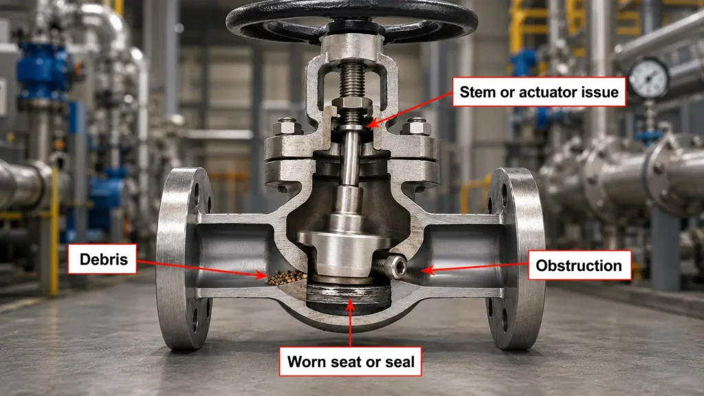 Diagram of an industrial valve showing debris, worn seat, obstruction, and actuator issue as possible incomplete-closure causes