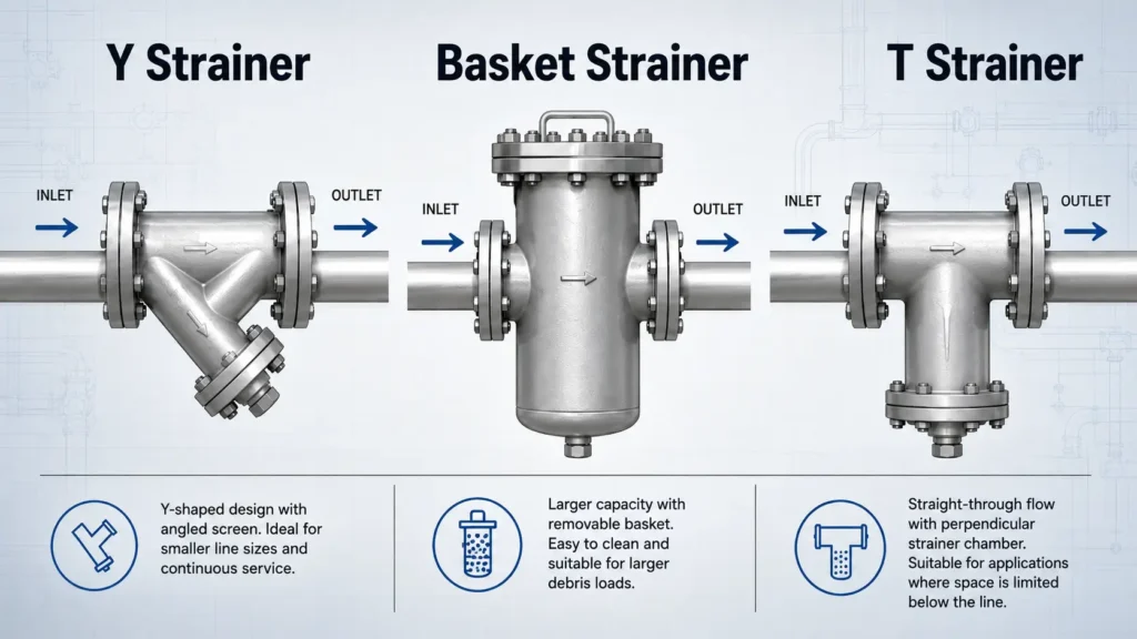 Diagram comparing Y type, basket, and T type strainers in industrial piping