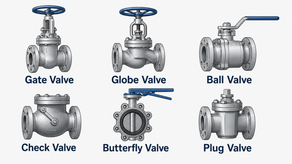 Simplified silhouettes of common industrial valve types