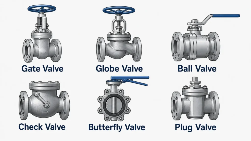 Illustration of common industrial valve types including ball, gate, globe, check, butterfly, plug, needle, pinch, diaphragm, and relief-related valves.